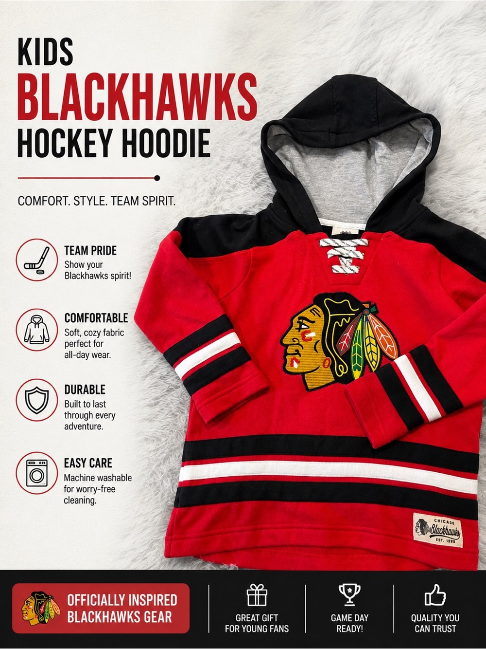 NWOT. Never worn NHL Kids Blackhawks Red and Black Hockey Hoodie